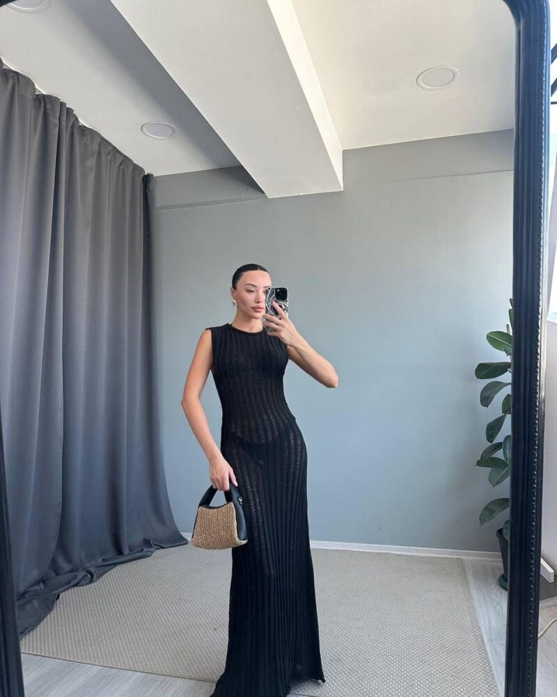 Black Sheer Knit Cover-Up Maxi Dress