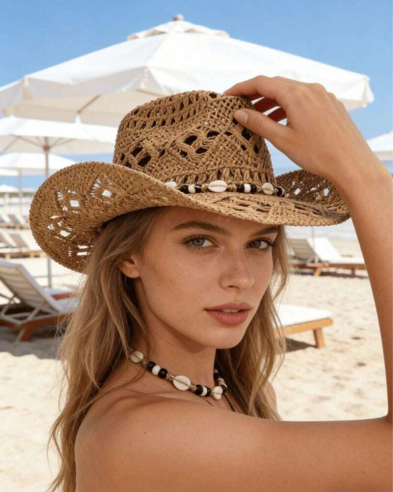 Natural Straw Shell Trim Beach Hat