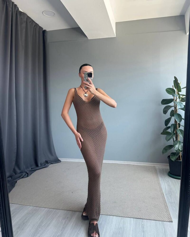 Brown Crochet Maxi Cover-Up Dress