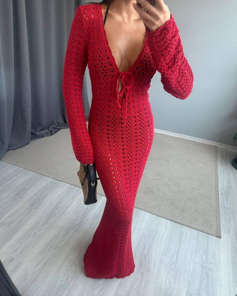 Red Crochet Long Sleeve Cover-Up Dress