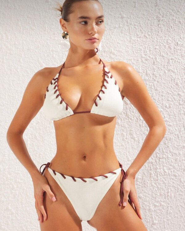 White Textured Lace-Up Bikini Set